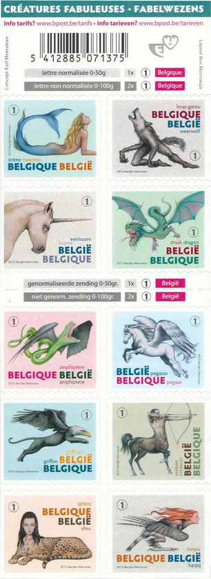 Bpost - Dieren - 10 postzegels tarief 1 - Verzending België - Mythische wezens