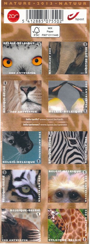 Bpost - Dieren - 10 postzegels tarief 1 - Verzending België - Wilde dieren
