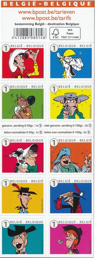 Bpost - Strips - 10 postzegels tarief 1 - Verzending België - Lucky Luke
