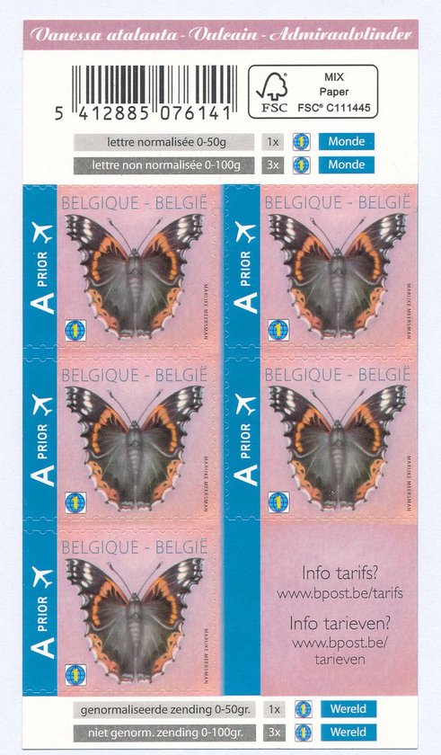 Bpost - 5 postzegels tarief 1 - verzending Wereld / World - Vlinder